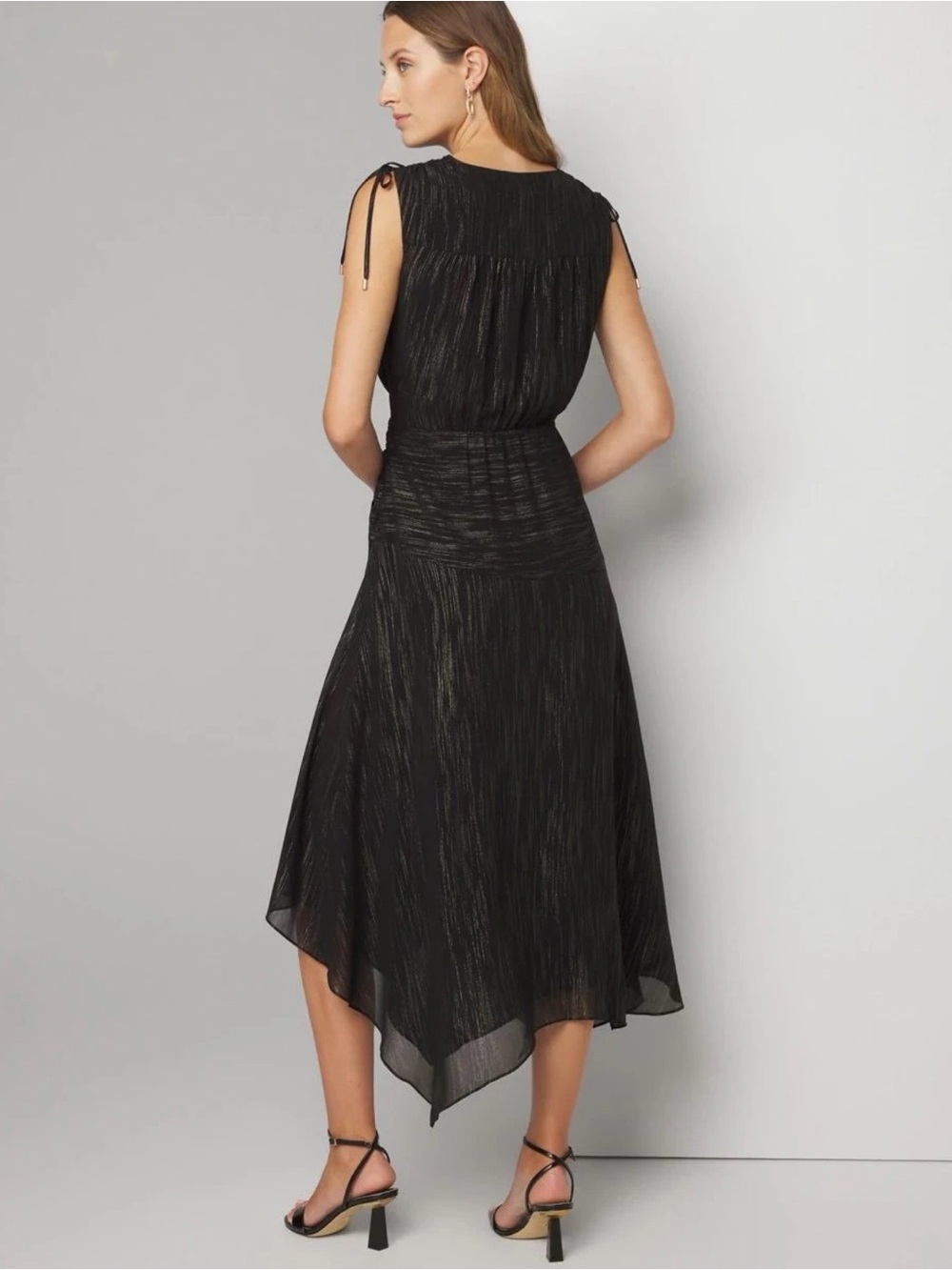 White House Black Market Black Metallic Asymmetrical Midi Dress - Picture 2 of 4